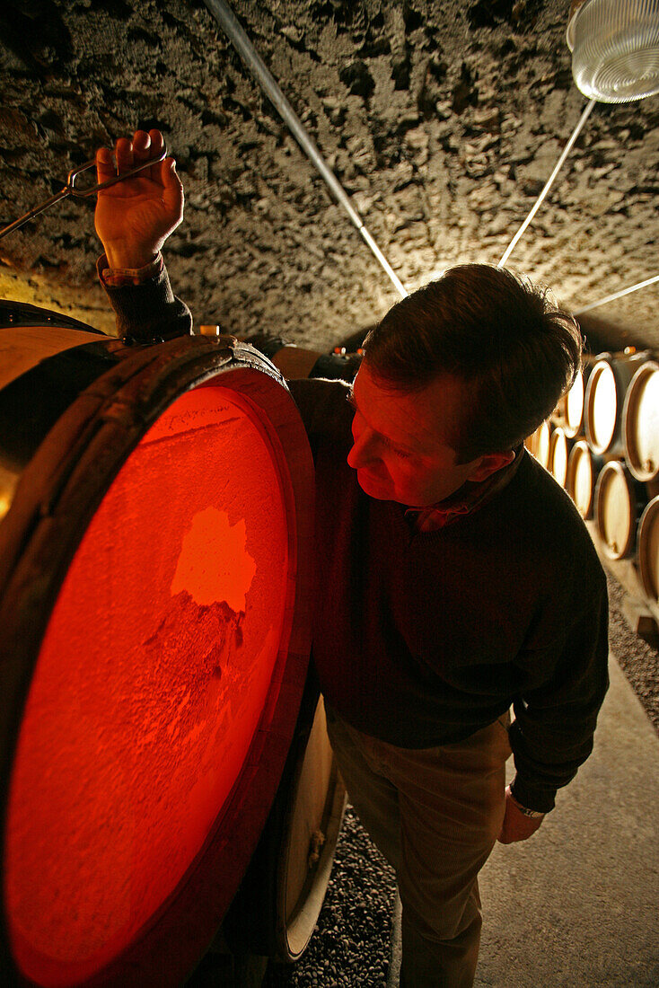 Jean-marc blain of the domaine blain gagnard in front of a vat with a glass bottom for watching the wine's movements, chassagne-montrachet, cote d'or (21), burgundy, france