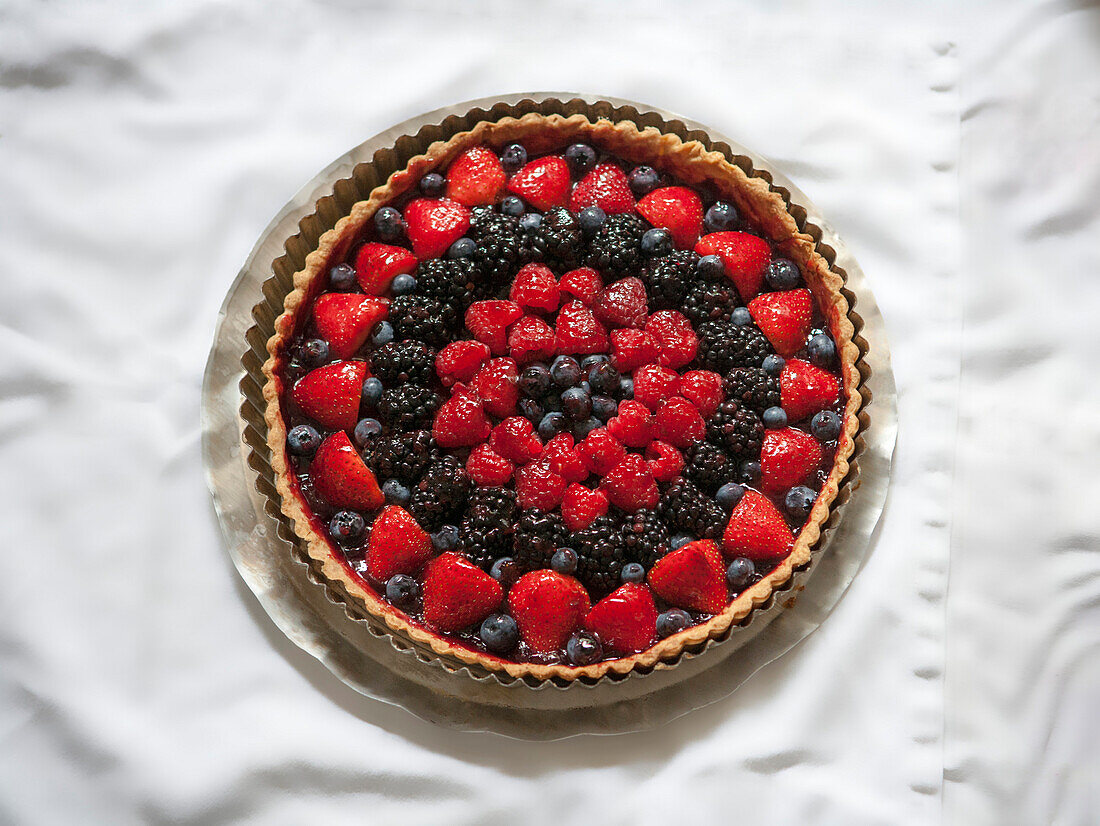 Fruit Tart with Assortment of Berries, High Angle View