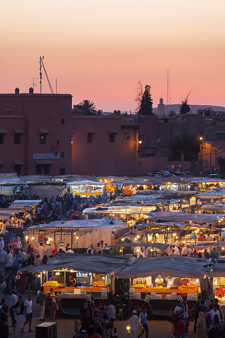 Food stalls in the Jemaa El Fna at sunset, Marrakesh, Morocco, North Africa, Africa