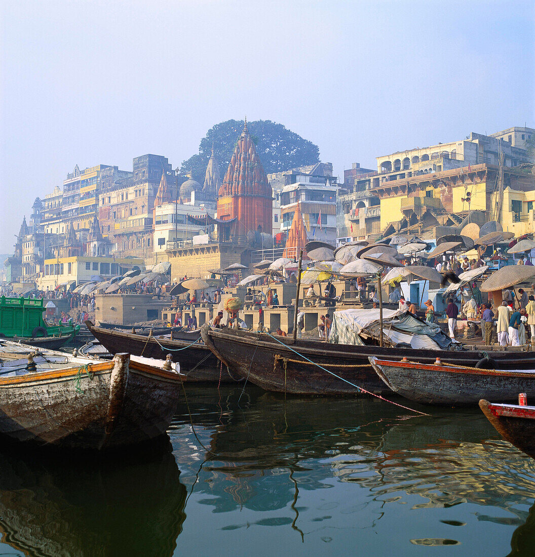 Boats Moored in Front of Ghats on the River Ganges, Varanasi, Uttar Pradesh, India