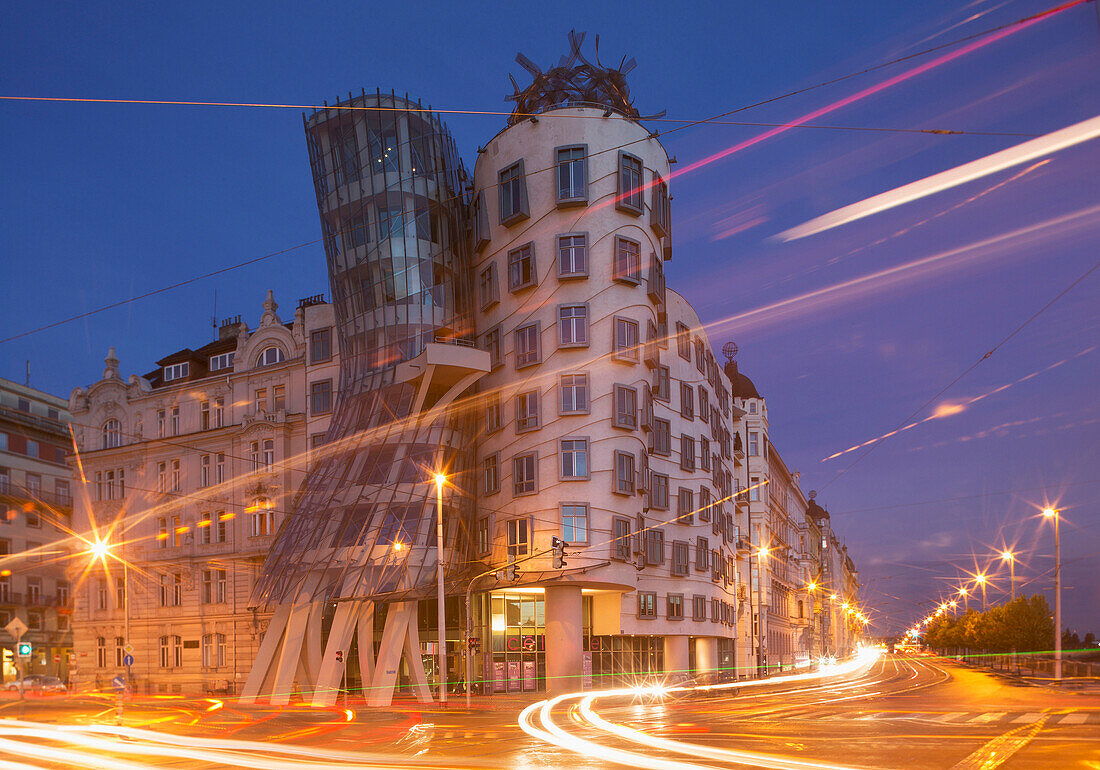 Dancing House (Ginger and Fred) by Frank Gehry, at night, Prague, Czech Republic, Europe
