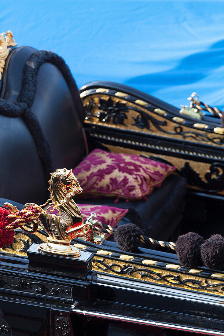 Detail of a very ornate gondola on the Grand Canal, Venice, Veneto, Italy, Europe