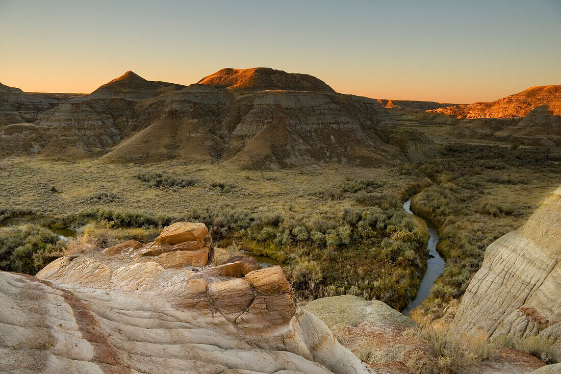 Sunrise In The Badlands With Valley In Alberta, Canada