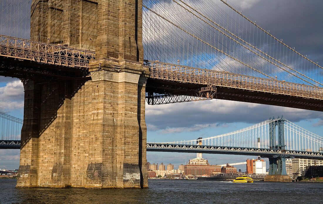 Brooklyn Bridge & Brooklyn Heights Skyline Viewed From Lower Manhattan, New York City, New York, Usa
