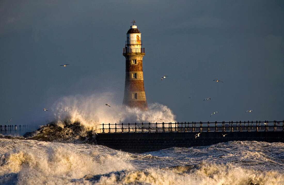 Lighthouse And Waves, Sunderland, Tyne And Wear, England