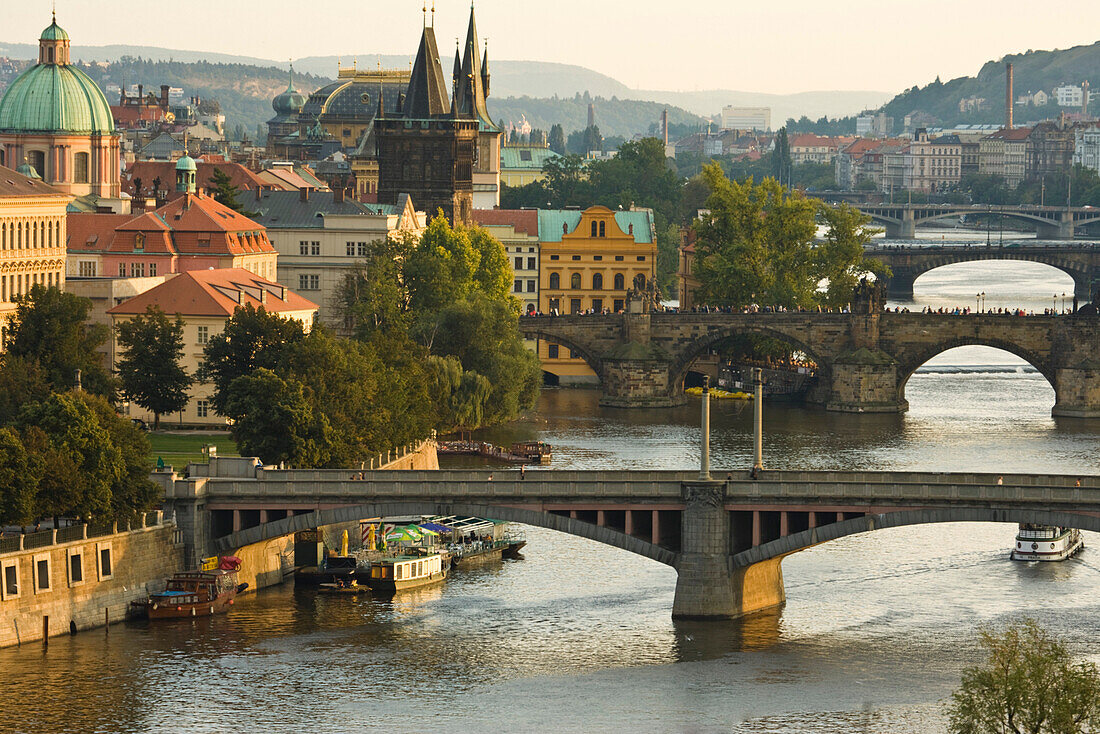 View Across Vltava River To Old Town Bridge Tower Area, Prague, Czech Republic