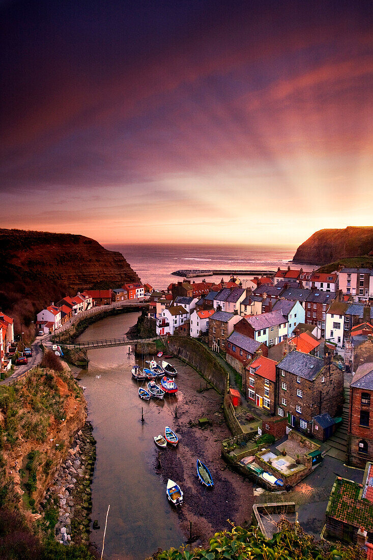 Cityscape At Sunset, Staithes, Yorkshire, England
