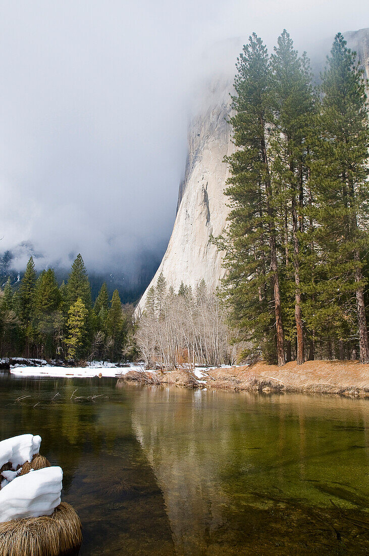 River At Foot Of Mountain, El Capitan, Yosemite National Park, California, United States Of America