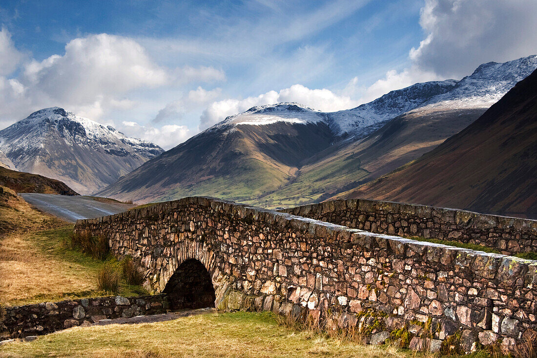 Stone Bridge In Mountain Landscape, Lake District, Cumbria, England, United Kingdom