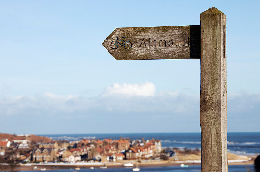 'Alnmouth, Northumberland, England; A Sign Indicating Cycling In Alnmouth'