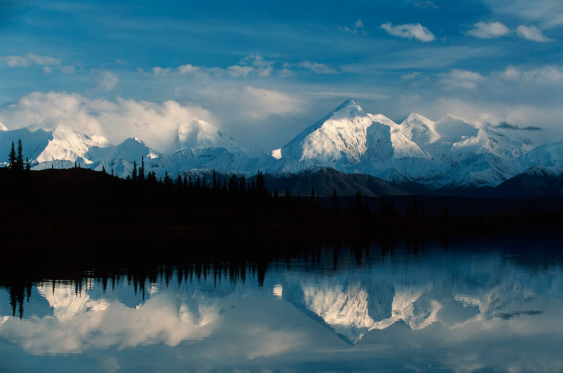 'Alaska, United States Of America; Alaska Range Mountains Reflected In Wonder Lake In Denali National Park'