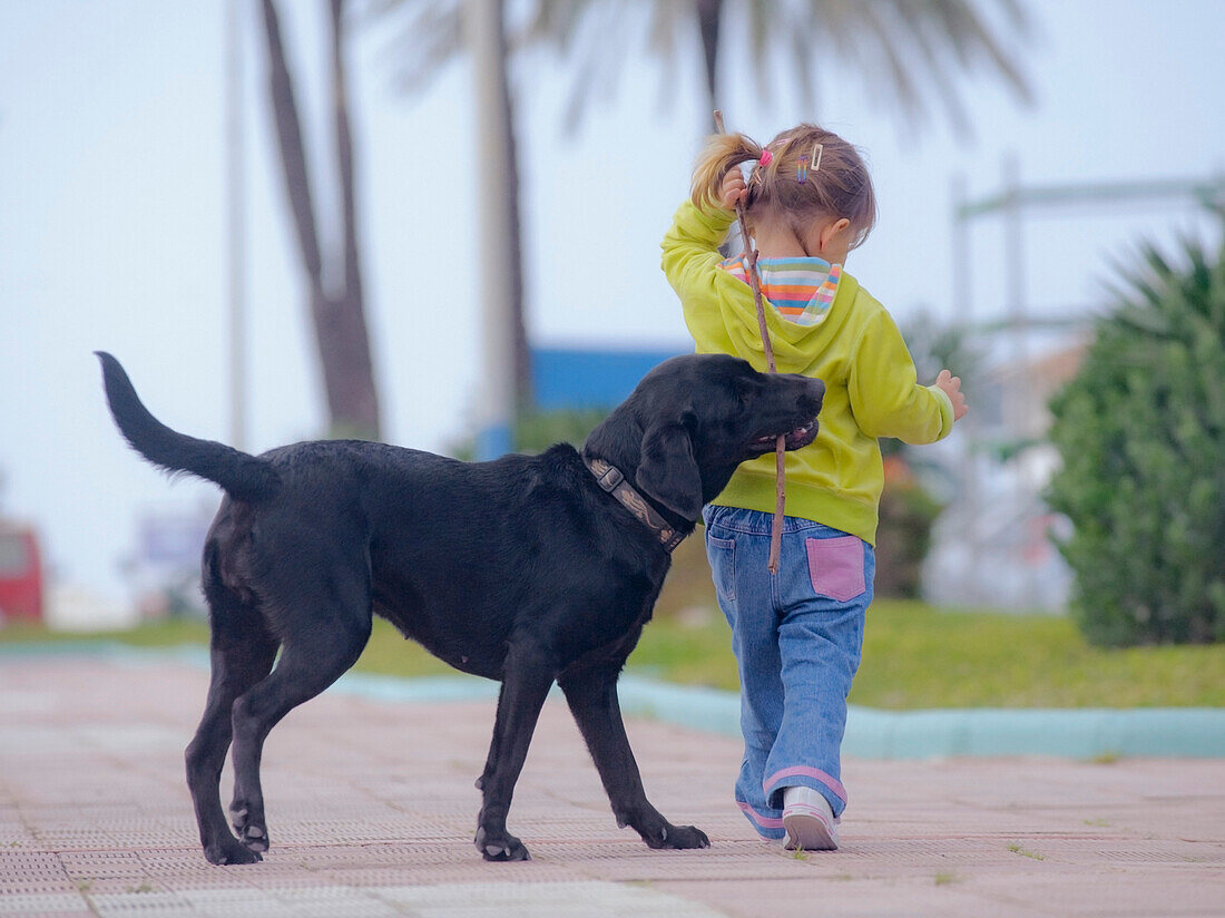 'Benalmadena, Malaga, Andalusia, Spain; A Young Girl Walks With Her Dog'