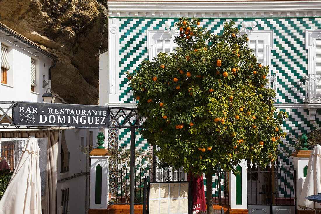 'Setenil De Las Bodegas, Andalusia, Spain; A Restaurant Sign And A Fruit Tree On The Street'