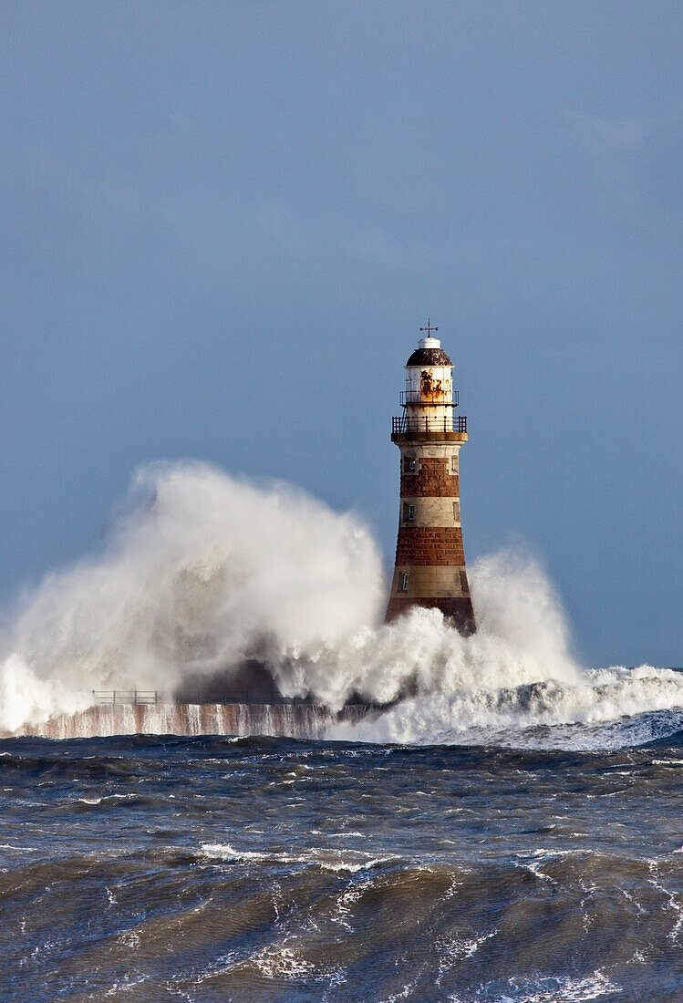 'Waves Crashing Against Roker Lighthouse; Sunderland, Tyne And Wear, England'