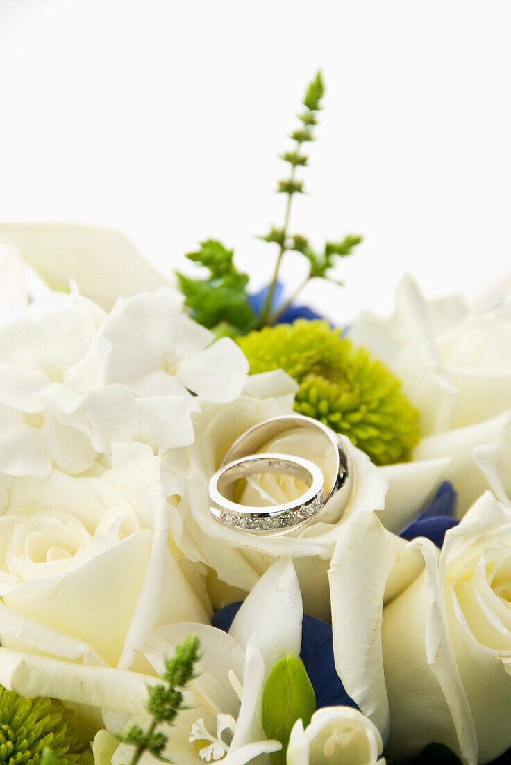 'A Bouquet Of White Roses With Two Wedding Bands Placed On Top; Portland, Oregon, United States Of America'