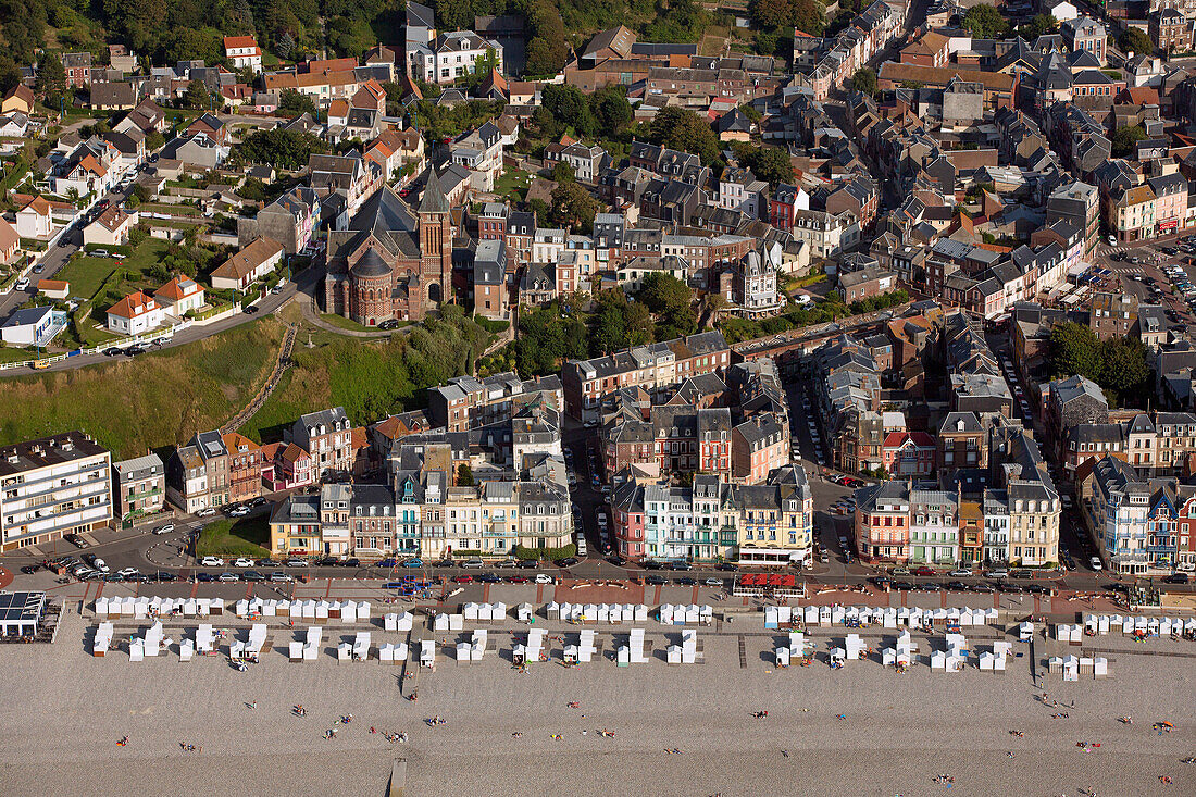 France, Somme (80) Mers-les-Bains resort and tourism, located on the coast of the English Channel (aerial view)