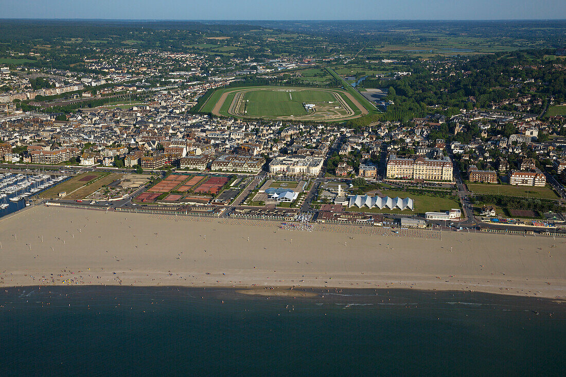 France, Calvados (14), Deauville seaside tourist resorts of the Cote Fleurie Miss waterfront and the hippodrome (aerial view)