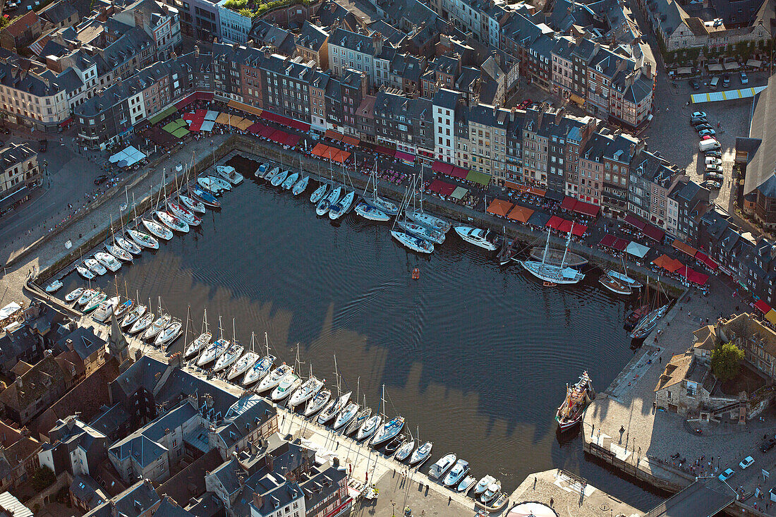 France, Calvados (14), Honfleur, picturesque old port, labeled Most beautiful detours of France (aerial view)