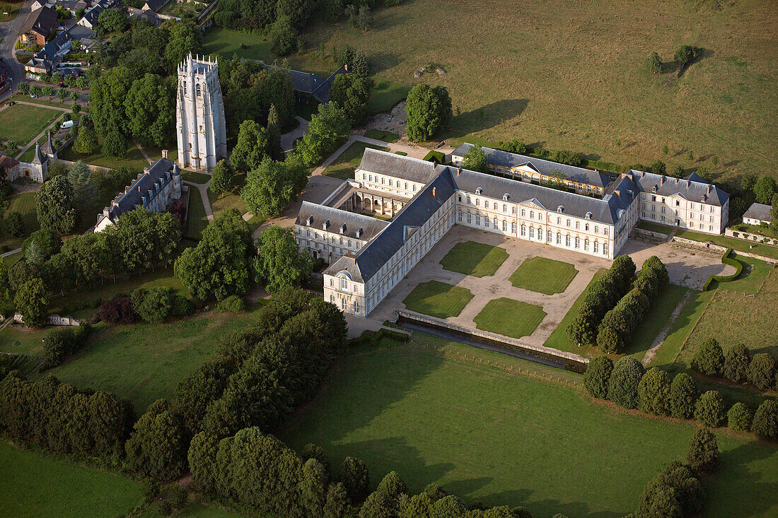 France, Eure (27), Le Bec-Hellouin Labeled Village The Most Beautiful Villages of France, Abbey of Bec-Hellouin (aerial view)