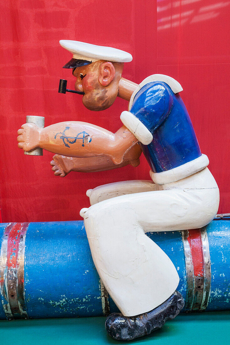 England, Devon, Dingles Fairground Heritage Centre, Carved Popeye Figure