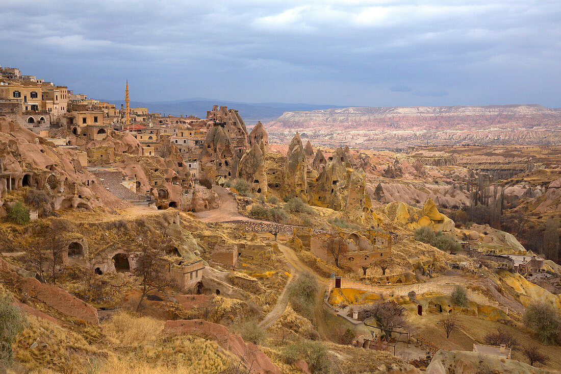 Turkey, Cappadocia, Uchisar village with cave dwellings, natural landscape Heritage of the UNESCO