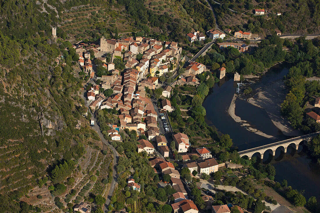 France, Herault (34) Roquebrun village in the valley of the Orb (aerial photo)