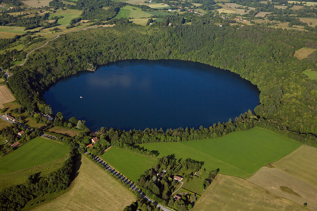 France, Puy-de-Dome (63), gur of Tazenat is a lake of volcanic origin (aerial view)
