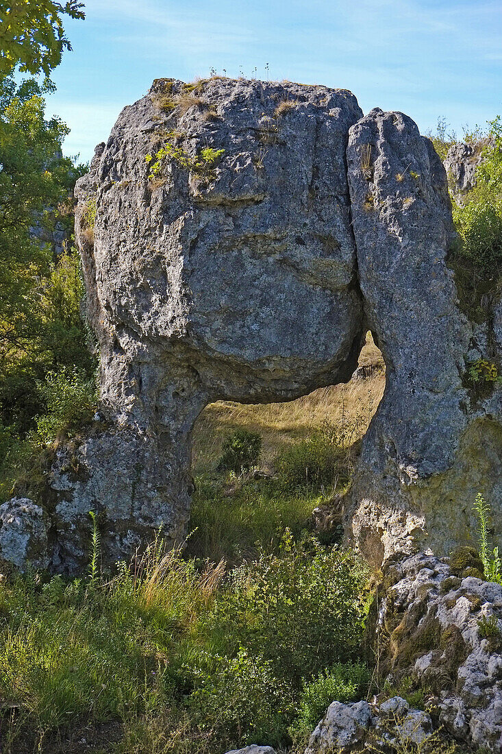 France, Hérault, The rock pierced du Cros on the Causse du Larzac.