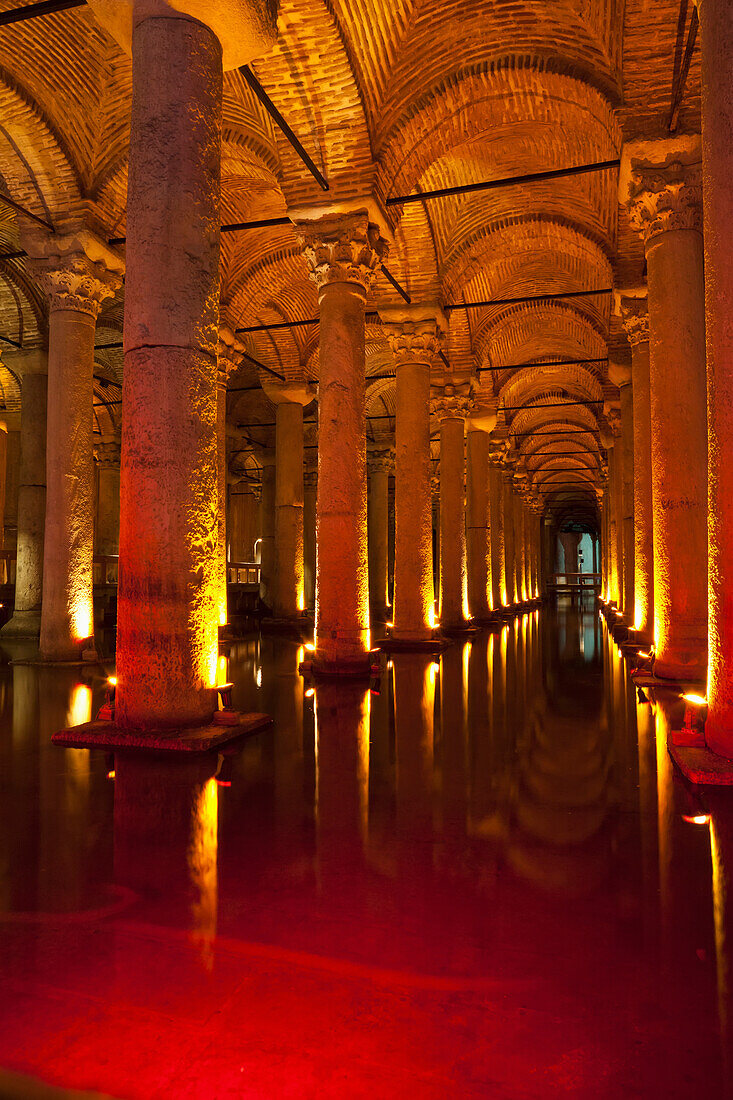 'The inside of Basilica Cistern in Sultanahmet; Istanbul, Turkey'