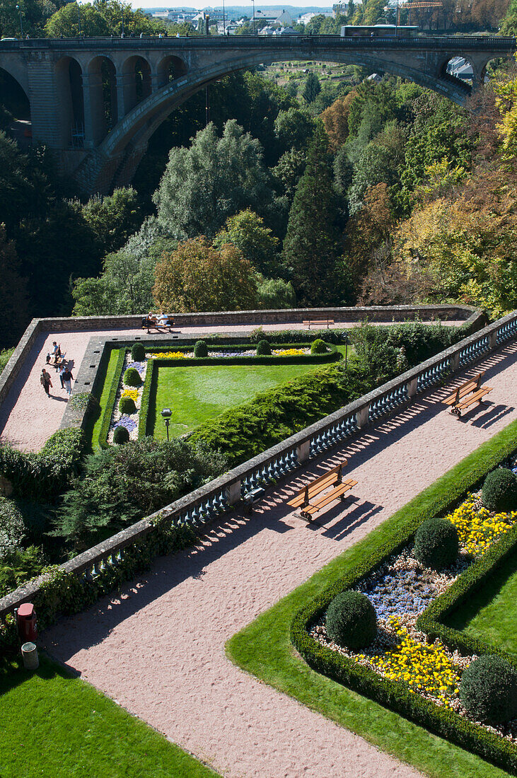 'High angle view of landscaped gardens and paths in a valley; Luxembourg City, Luxembourg'