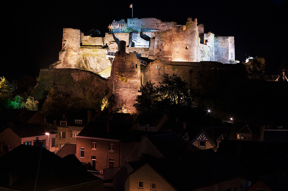 'Fortress on a hilltop illuminated at night; Belgium'