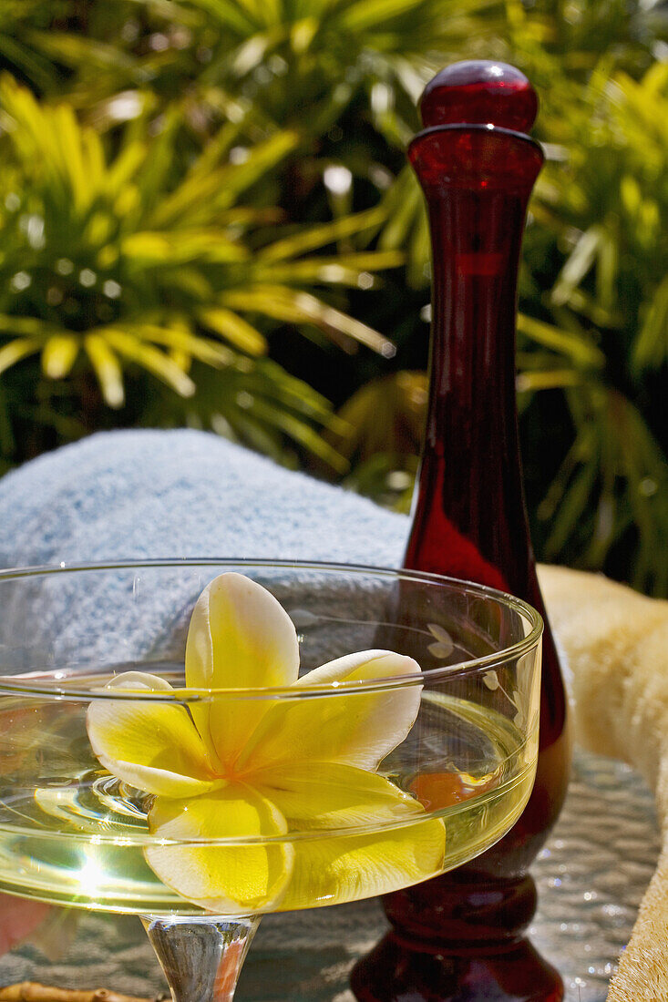 Spa Elements, Yellow Plumeria Floating In Glass, With Glass Bottle, Loofah And Towel.
