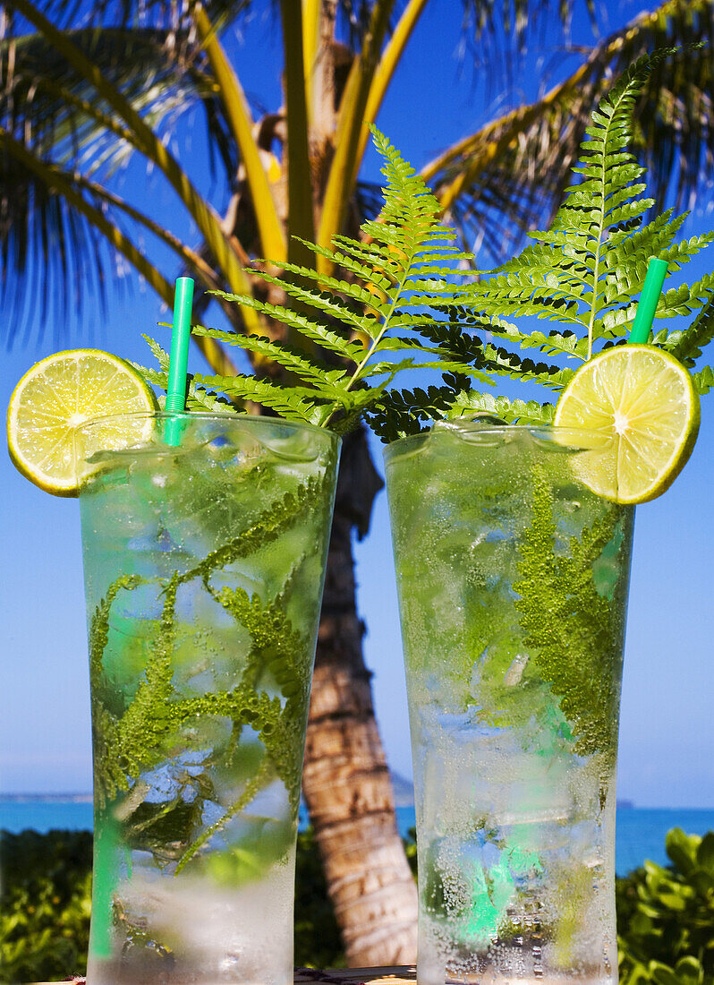 Tropical Cocktails Garnished With Fruit And Green Fern Leaves In Outdoor Setting.