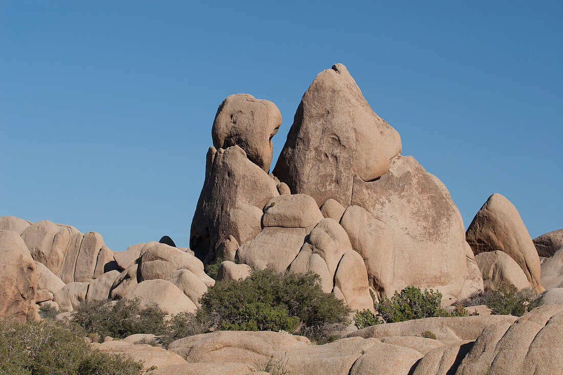 'Large Rounded Rock Formation In The Desert With Shurbs And Blue Sky; Palm Springs, California, United States of America'