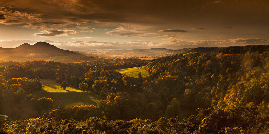'Sunlight Cast On Trees And Mountains Through The Clouds; Scots View, Scottish Borders, Scotland'