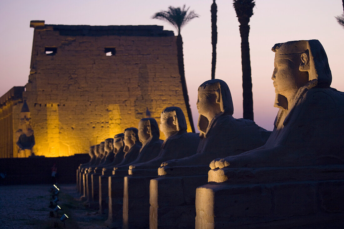 'Stone Statues And The Luxor Temple On The East Bank Of Luxor Along The Nile River; Luxor, Egypt'