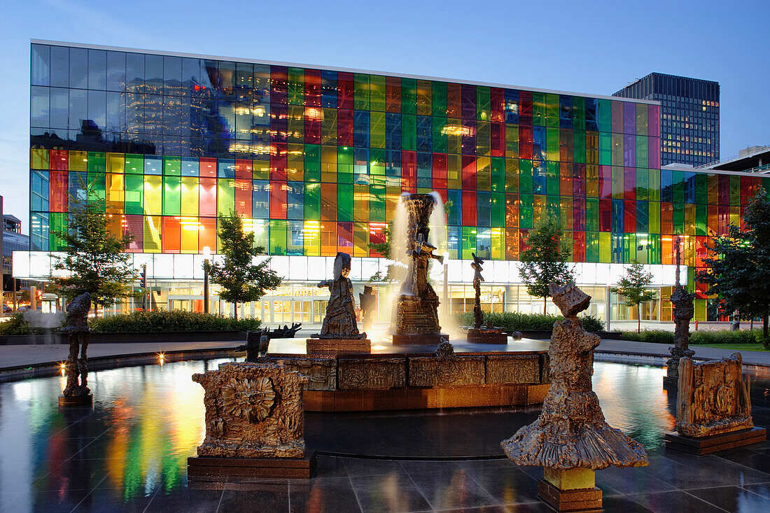 Place Jean-Paul-Riopelle, The Joust Sculpture Fountain, And Palais Des Congres De Montreal, Montreal Convention Centre, Quebec, Canada