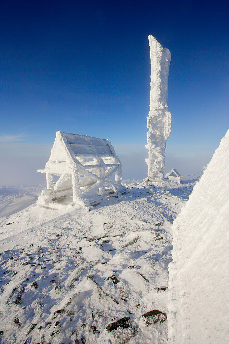 View Of Snow-Covered Shelter At Top Of Mont Logan At Sunrise, Quebec, Canada