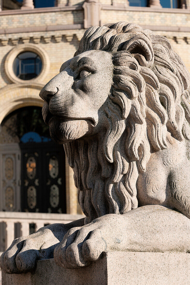 'Sculpture Of A Lion At The Norwegian Parliament Building; Oslo, Norway'