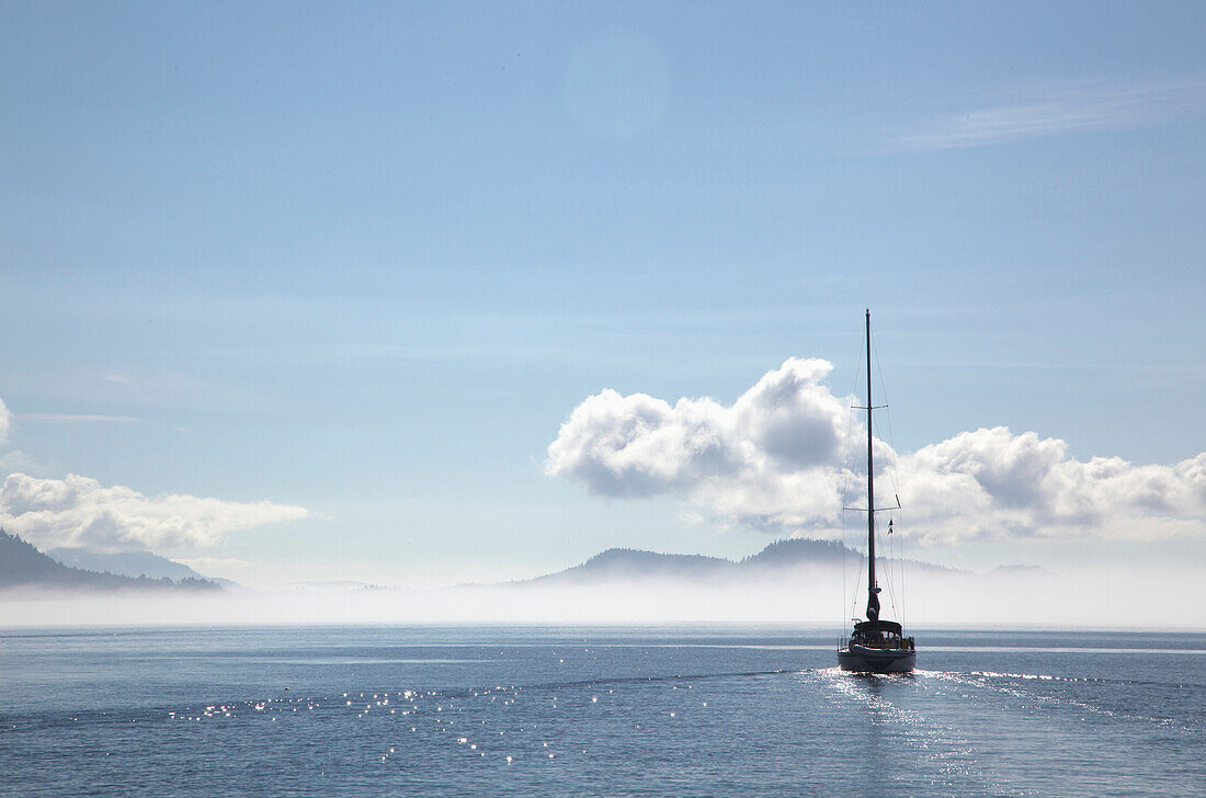 'A Sailboat Cruises On A Sunny Day In The Gulf Islands; British Columbia, Canada'