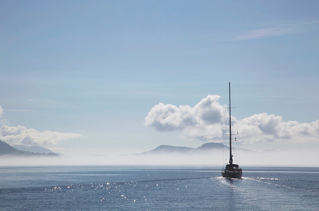 'A sailboat cruises on a sunny day in the gulf islands;British columbia canada'