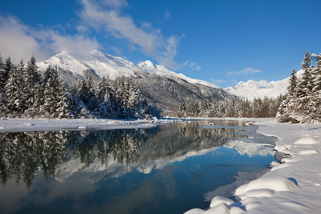Scenic Winter Landscape Of Mendenhall River, Mendenhall Glacier And Towers, Tongass National Forest, Southeast Alaska