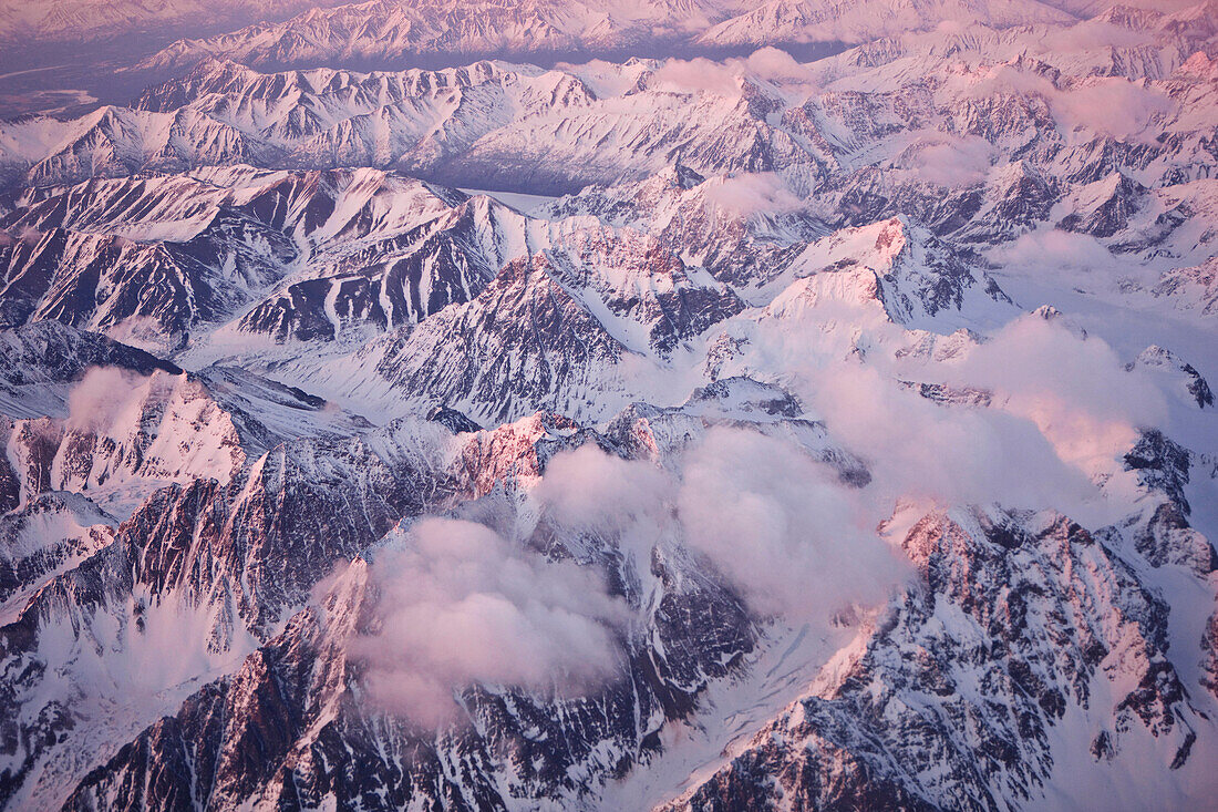 Aerial Of Sunset Over The Chugach Mountains, Southcentral Alaska, Spring