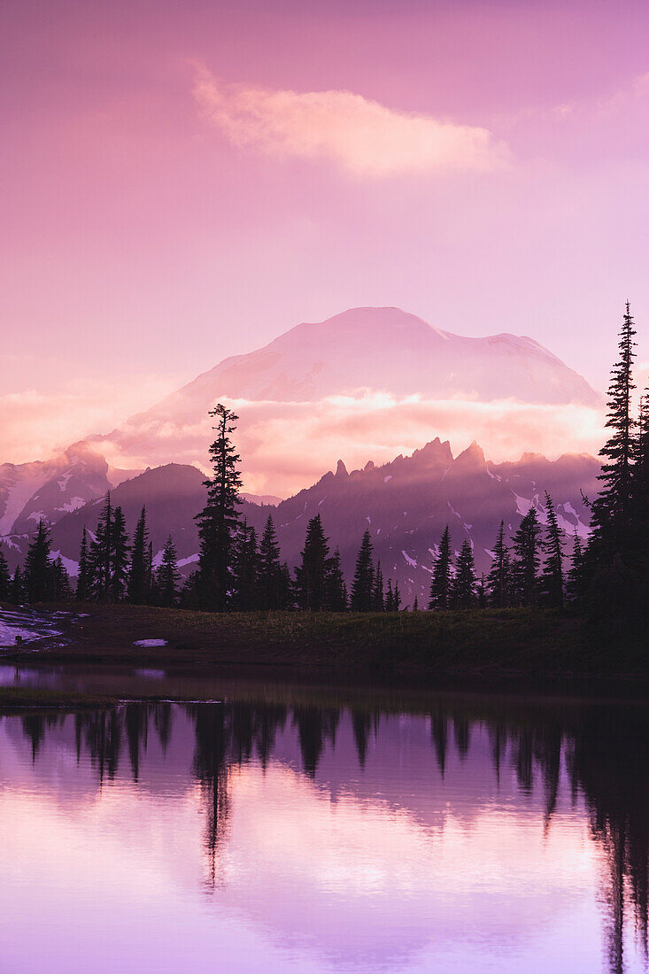 'Sunset and a small reflecting pond near tipsoo lake mt. rainer national park near seattle;Washington united states of america'