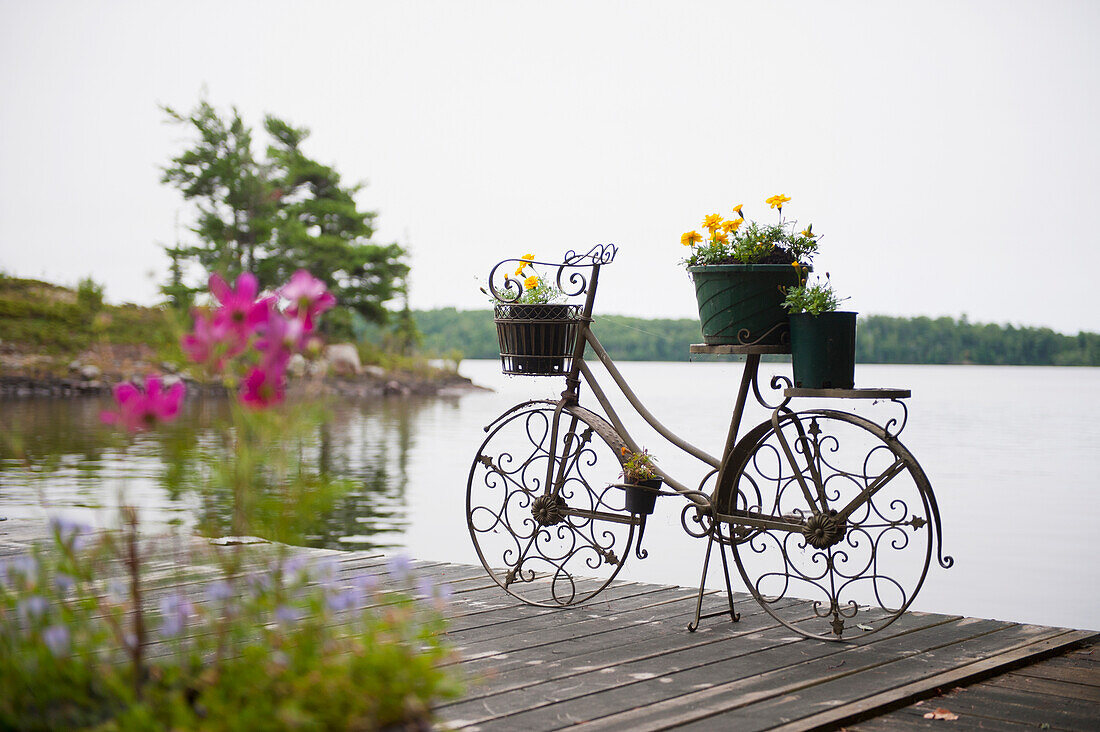 'A deck on a lake with a decorative flower pot in the shape of a bicycle; kenora ontario canada'