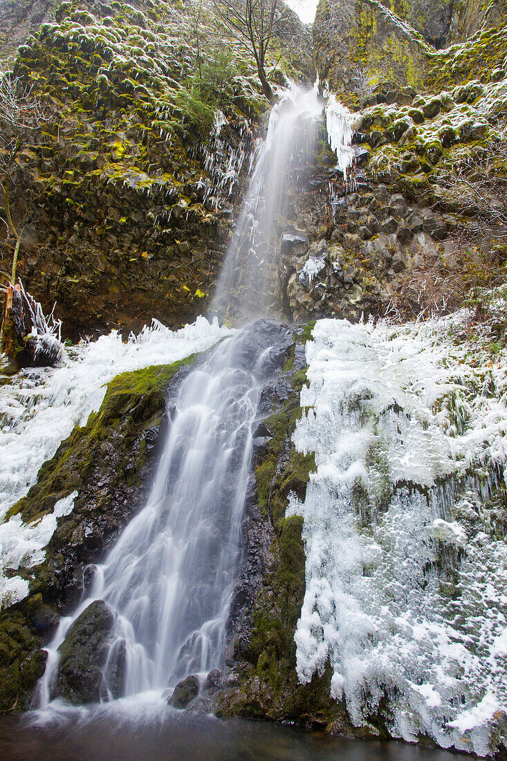 'First Winter Snow Along Cabin Creek Falls In Columbia River Gorge National Scenic Area; Oregon, United States Of America'