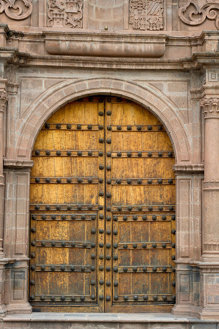 'Double Doors To An Ornate Building; Cusco Peru'
