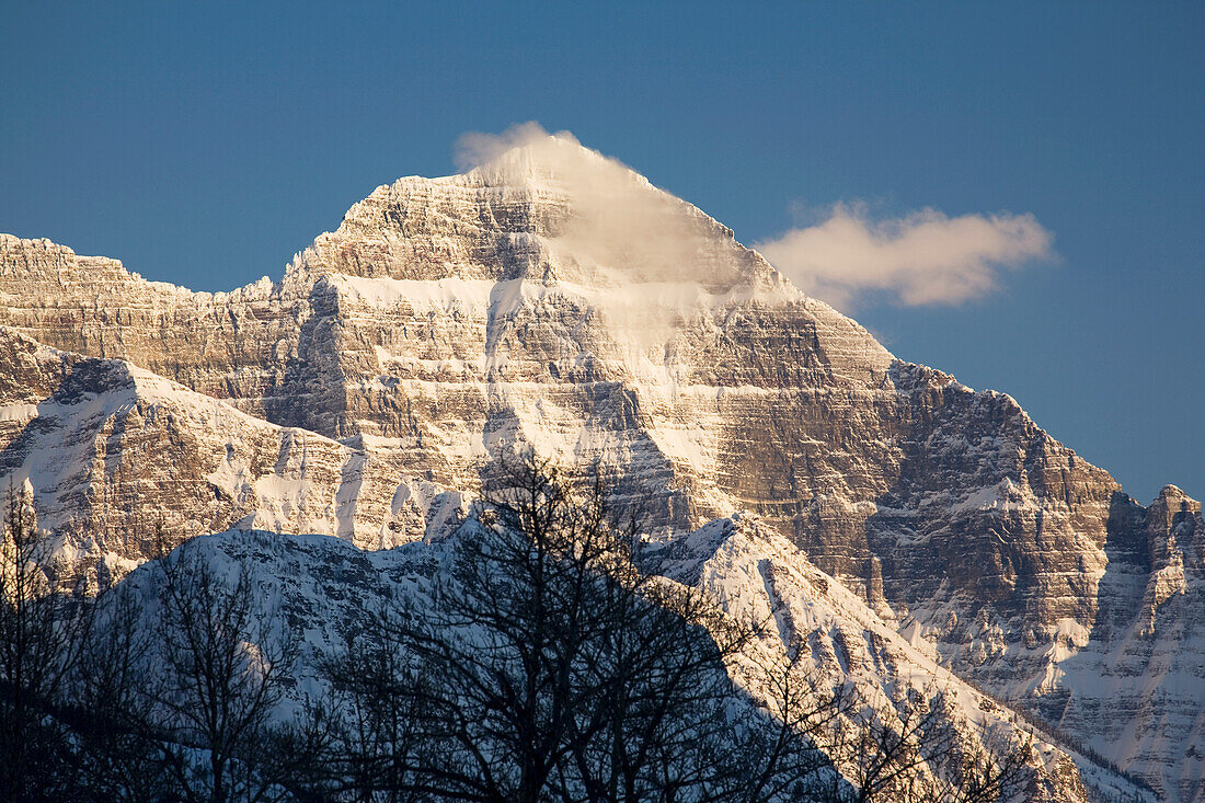 'Snow-Capped Mountain Peak At Sunset; Waterton Alberta Canada'