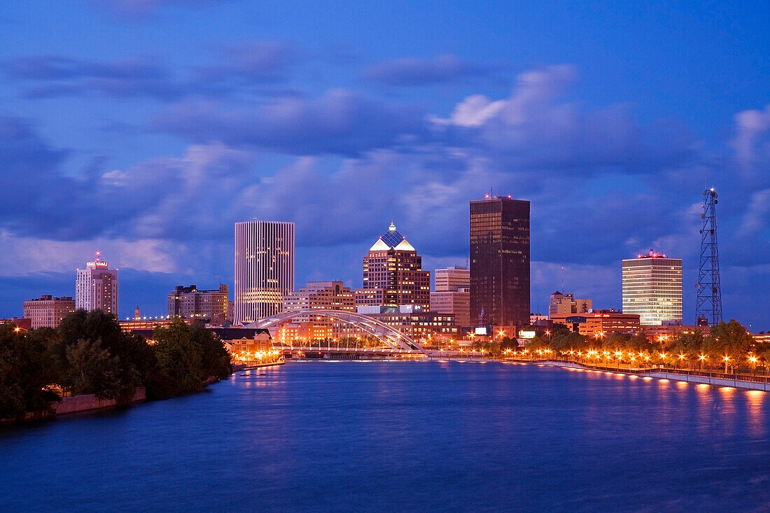 Genesee River And Rochester Skyline, New York State, Usa