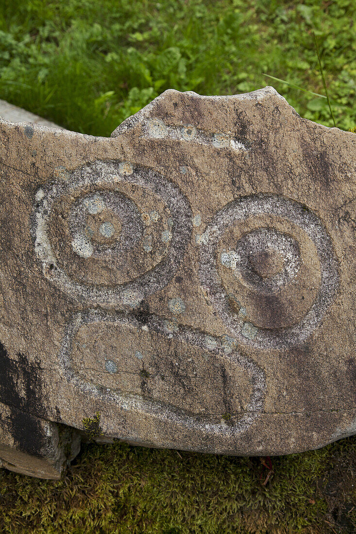 Historical petroglyphs at a protecteds archaeological site sign, Wrangell, Southeast Alaska